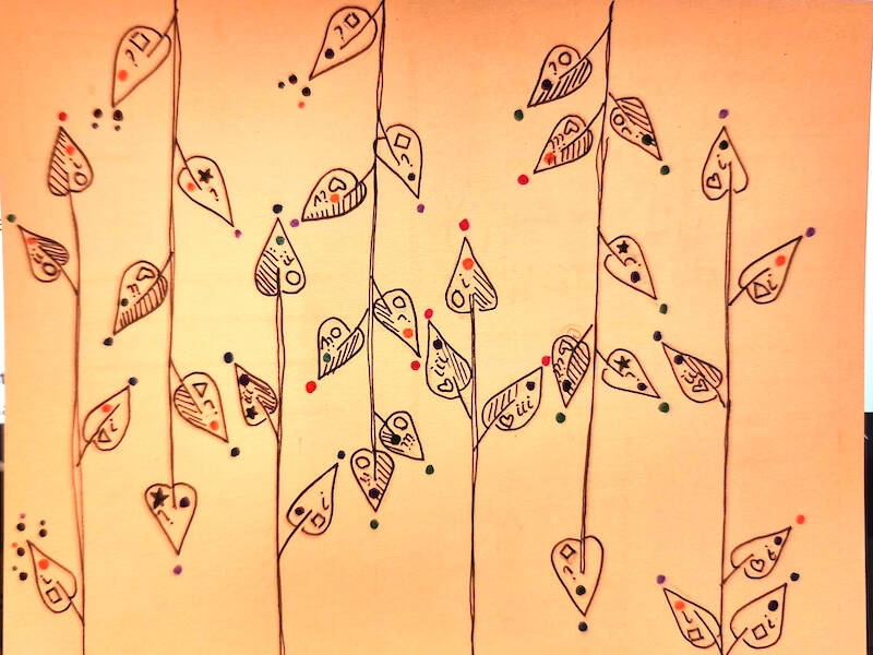 Front of a postcard showing data on planning represented as leaves on straight plant stalks